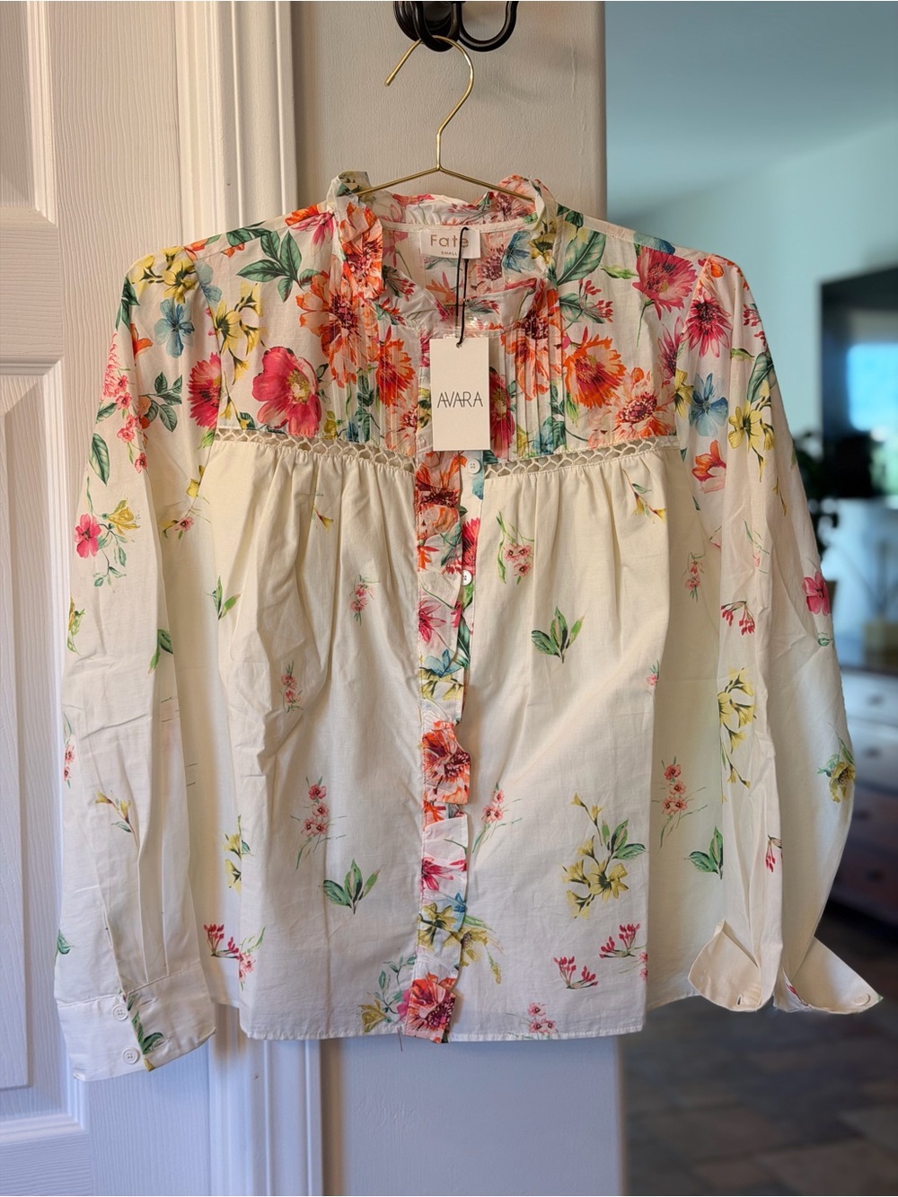 Fate Cream Floral Cotton Peasant Blouse with Pink & Yellow Blooms